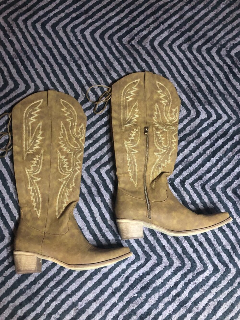 Cowboy Boots Women's 15 Embroidered Wide Calf Back Lace Up Side Zip Chunky Heel